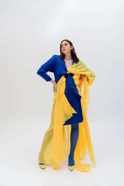 Full Length Stylish Ukrainian Woman Blue Yellow Outfit Posing Hands — 스톡 사진