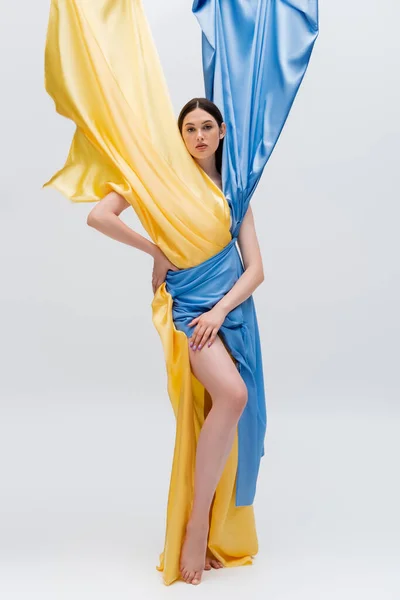 Full Length Pretty Woman Ukrainian Blue Yellow Dress Posing Hand — Stock Photo, Image