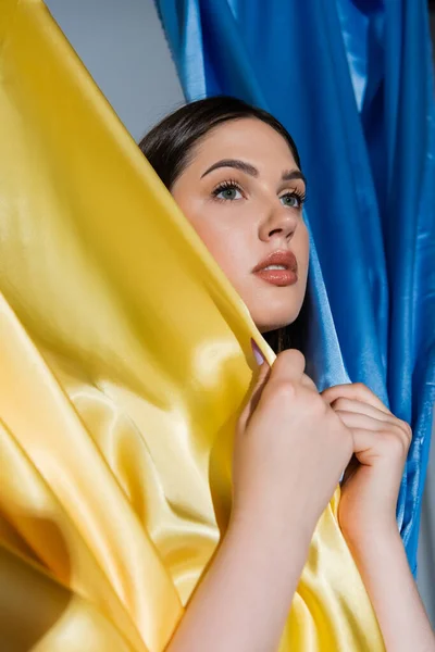 Portrait Jeune Femme Sensuelle Posant Près Drapeau Bleu Jaune Ukrainien — Photo
