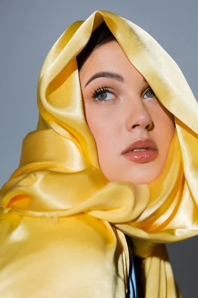 Portrait Pretty Ukrainian Woman Yellow Headscarf Looking Away Isolated Grey — Stock Photo, Image