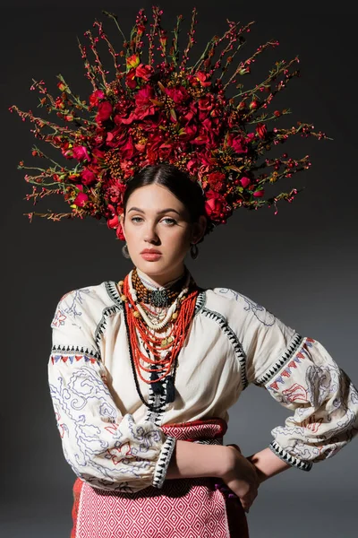 Morena Jovem Mulher Ucraniana Coroa Floral Com Bagas Vermelhas Posando — Fotografia de Stock