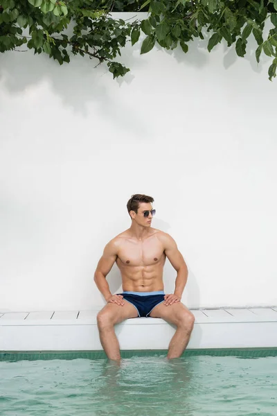 Man Sunglasses Sitting Pool Green Branches Looking Away — Stockfoto
