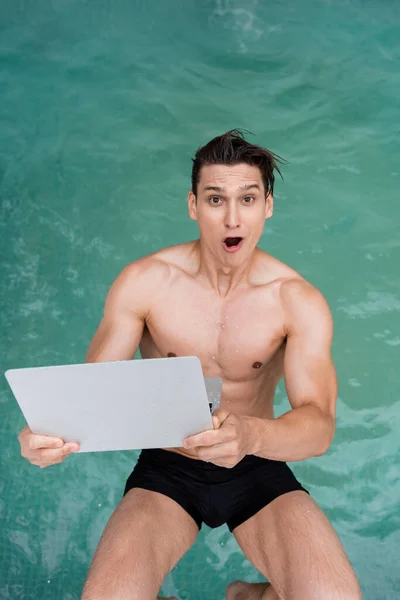 Top View Astonished Man Laptop Looking Camera While Falling Pool — Stockfoto