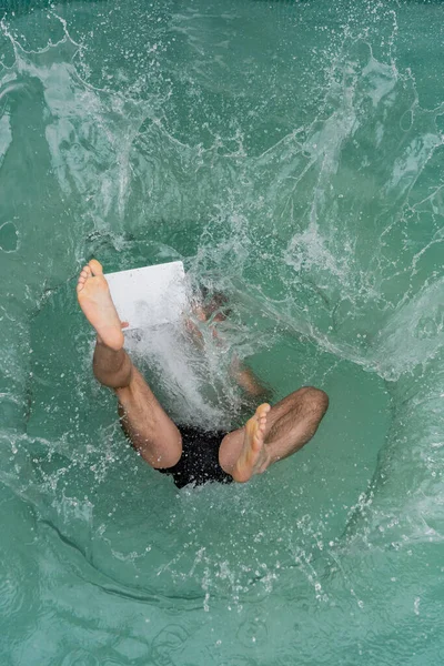 Top View Man Laptop Jumping Pool Turquoise Water — Stock Photo, Image