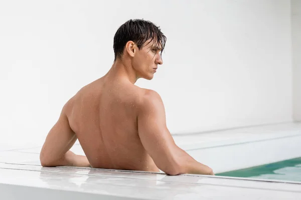 Back View Wet Athletic Man Looking Away Poolside — 스톡 사진