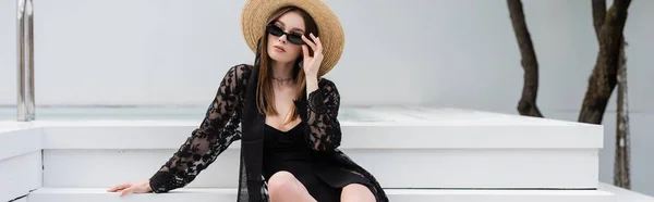 Stylish Woman Swimsuit Sun Hat Holding Sunglasses Pool Banner —  Fotos de Stock