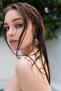 Portrait of woman with wet hair and naked shoulders looking at camera at resort 