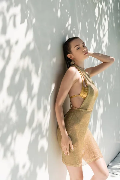 Woman Closed Eyes Posing Golden Summer Dress Swimwear Wall Shadows — Photo