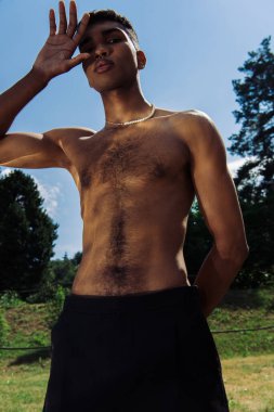 Afrika kökenli Amerikalı adamın düşük açılı görüntüsü. Elleriyle yüzünü gizliyor ve parktaki kameraya bakıyor.