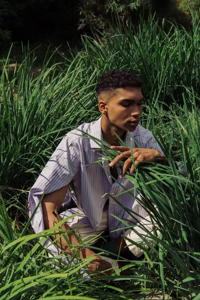 Young African American Man Blue Striped Shirt Sitting Grass Park — Fotografia de Stock