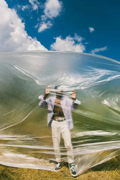 Blurred African American Man Standing Polyethylene Blue Cloudy Sky — 图库照片