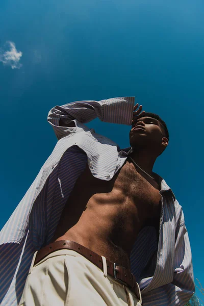 Low Angle View Trendy African American Man Shirt Posing Blue — 스톡 사진