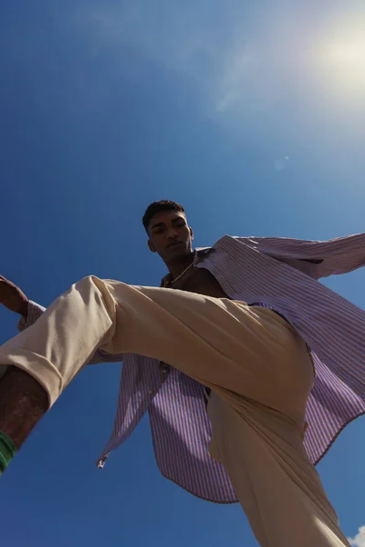 Bottom View African American Man Posing Trendy Summer Clothes Blue — Φωτογραφία Αρχείου