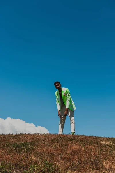 African American Man Fashionable Outfit Standing Field Blue Sky Summer — Foto de Stock