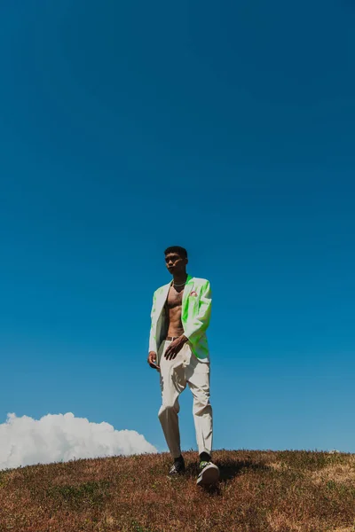Full Length African American Man Trendy Clothes Walking Meadow — ストック写真