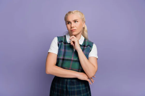 Offended Student Uniform Looking Away Isolated Purple — Stockfoto