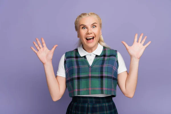 Excited Blonde Student Looking Camera Isolated Purple — Stock Photo, Image