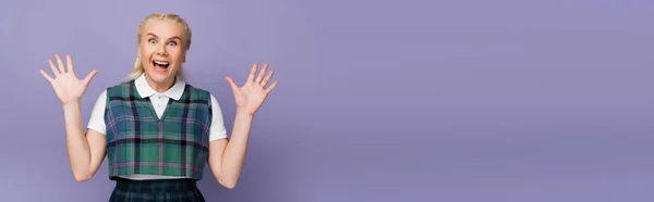 Excited Student Vest Shirt Looking Camera Isolated Purple Banner — Zdjęcie stockowe