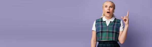 Shocked Student Plaid Vest Pointing Finger Isolated Purple Banner — Foto de Stock