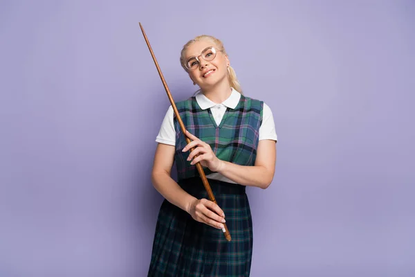 Smiling Student Eyeglasses Holding Pointer Purple Background — Foto de Stock