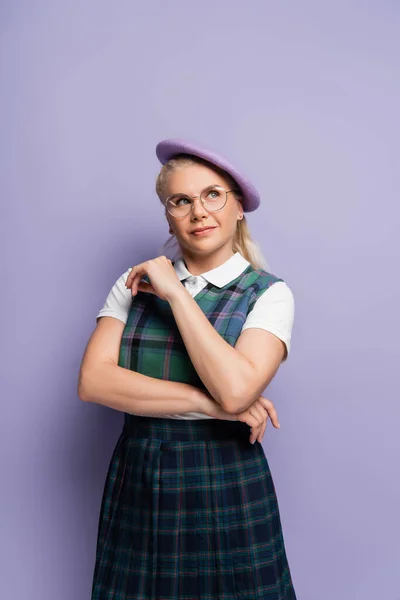 Blonde Student Checkered Uniform Beret Looking Away Purple Background — 스톡 사진