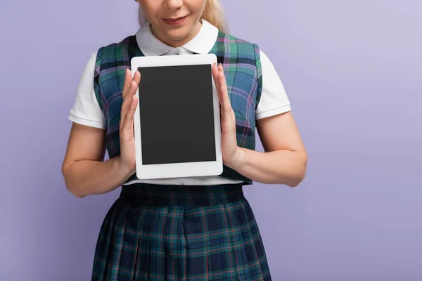 Cropped View Student Checkered Uniform Holding Digital Tablet Blank Screen — стоковое фото