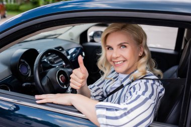 Smiling driver showing like during driving course in car 