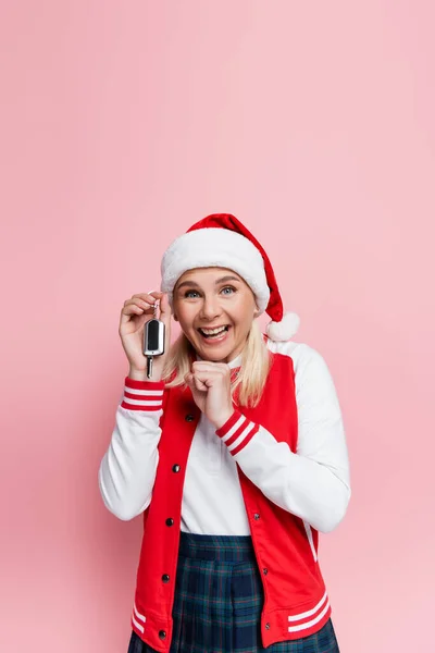 Excited Woman Santa Hat Holding Car Key Showing Yes Gesture — Foto de Stock