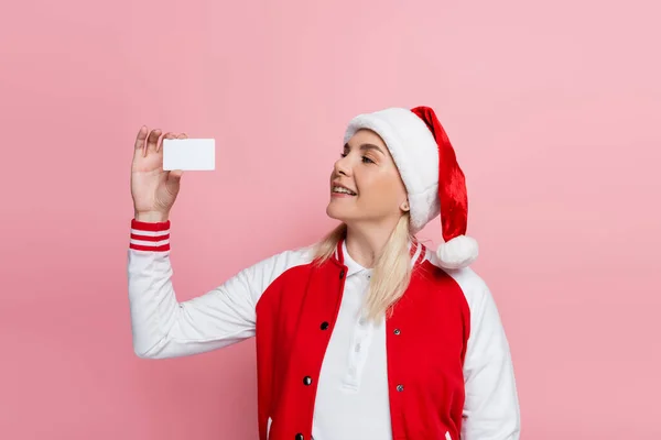 Smiling Blonde Woman Santa Hat Holding Empty Driving License Isolated — Foto de Stock