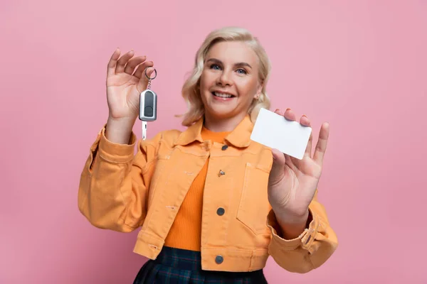 Car Key Driving License Hands Blurred Woman Isolated Pink — Foto de Stock