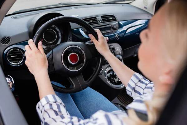 Blurred Woman Holding Steering Wheel Car Driving Course — Zdjęcie stockowe