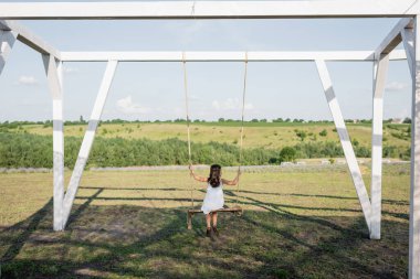 back view of child in summer dress riding swing in field at countryside