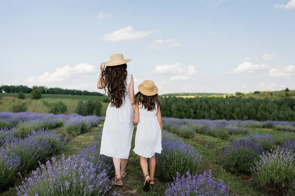 Back View Mother Child Summer Dresses Straw Hats Walking Lavender — Foto de Stock
