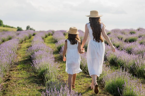 Back View Mom Daughter Holding Hands While Walking Lavender Meadow — Stockfoto