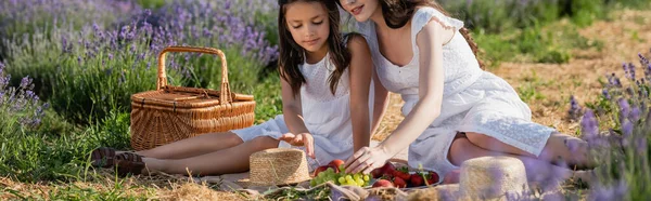 Girl Mom Sitting Straw Basket Fresh Fruits Picnic Meadow Banner — Zdjęcie stockowe
