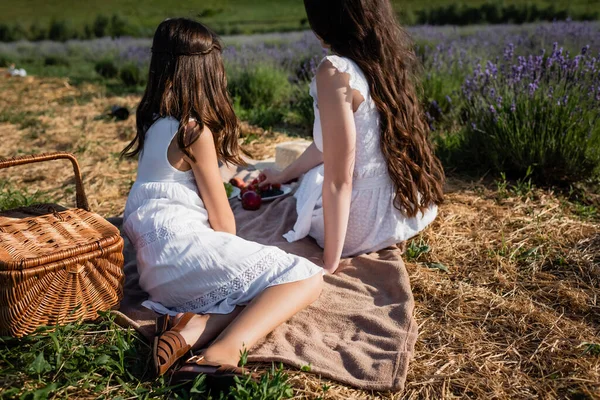 Back View Brunette Woman Daughter White Dresses Sitting Blanket Field — 图库照片