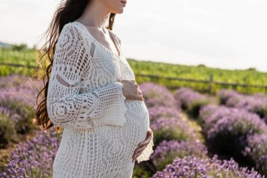 cropped view of woman in white openwork dress in blurred lavender field