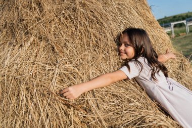 pleased brunette girl embracing haystack and looking at camera  clipart