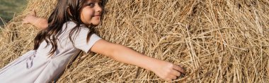 cheerful girl in pink dress hugging haystack on summer day, banner