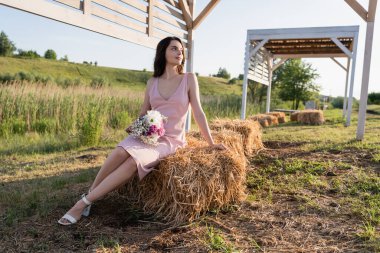 brunette woman in pink dress holding flowers while sitting on haystack clipart