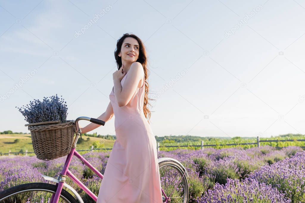 happy woman with bike and lavender flowers looking away in summer field