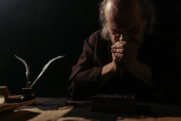 Medieval Monk Praying Night Cross Holy Bible Isolated Black — Stock Photo, Image