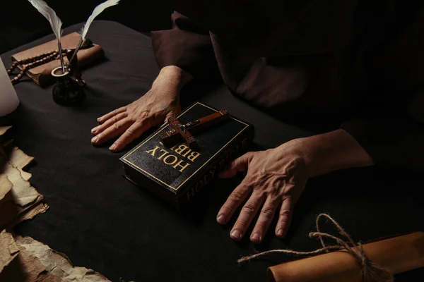 Partial View Monk Bible Medieval Parchments Table Isolated Black — Stock Photo, Image