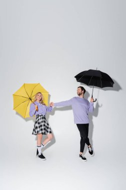 full length of joyful couple in purple sweatshirts holding hands while standing under umbrellas on grey clipart