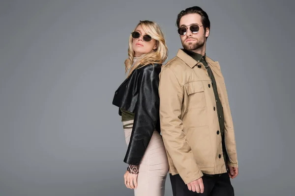 Blonde Woman Bearded Man Sunglasses Posing Together Isolated Grey — Photo