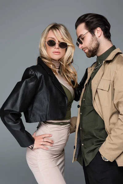 Blonde Woman Dress Leather Jacket Posing Bearded Man Sunglasses Isolated — Stock fotografie