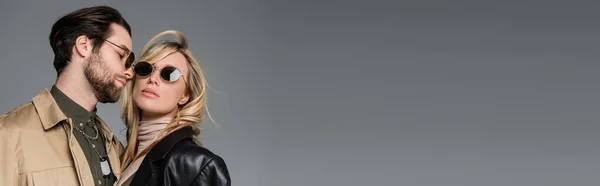 Stylish Bearded Man Sunglasses Looking Blonde Woman Black Leather Jacket — Stock fotografie