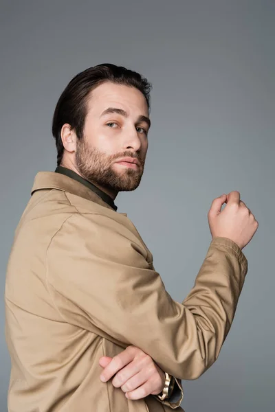 Bearded Man Beige Jacket Looking Camera Isolated Grey — 스톡 사진