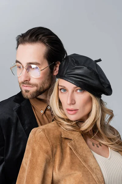 Blonde Woman Black Leather Beret Bearded Man Sunglasses Isolated Grey — 스톡 사진