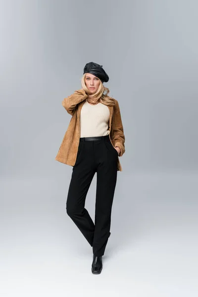 Blonde Woman Stylish Leather Beret Beige Blazer Posing Hand Pocket — Zdjęcie stockowe